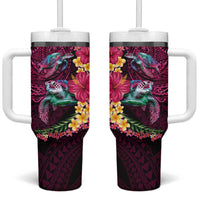 Hawaiian Plumeria and Hibiscus with Turtles Tumbler With Handle Polynesian Art Red Color - Polynesian Pride