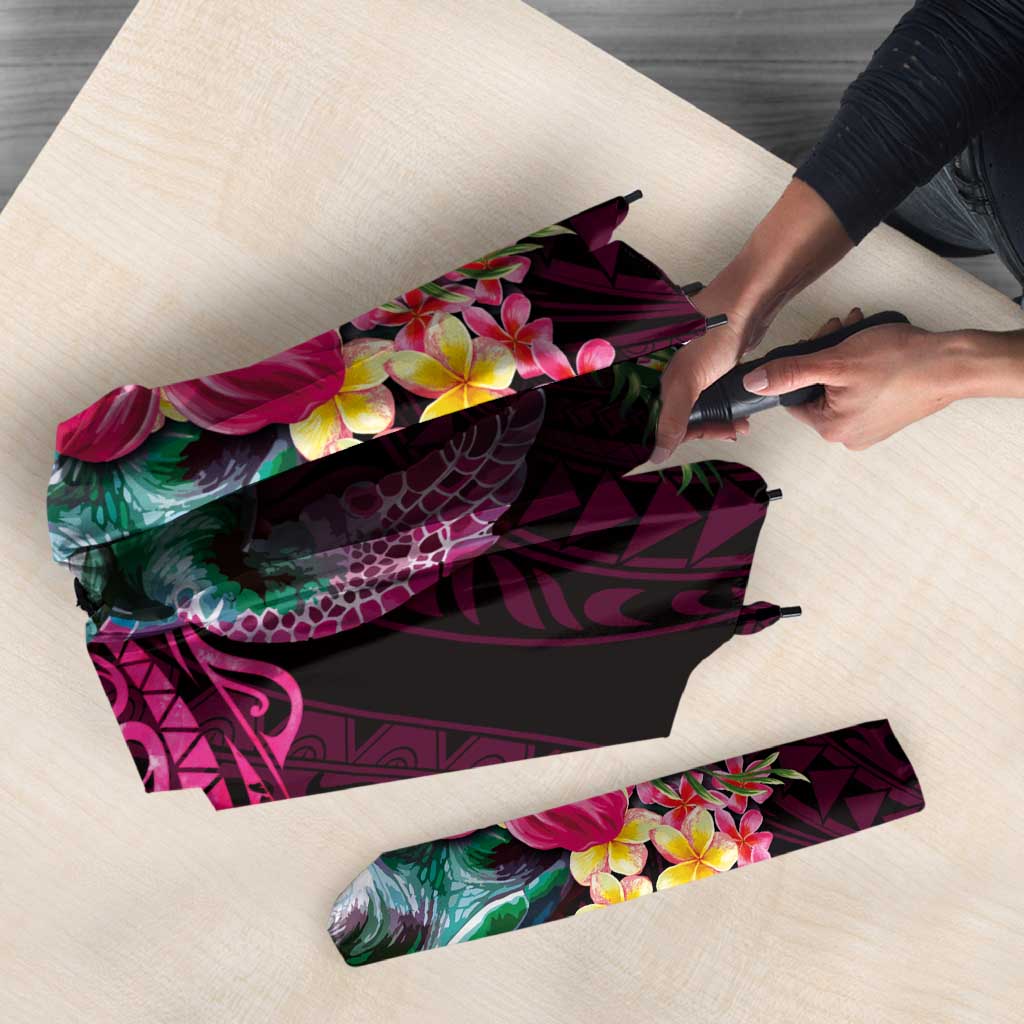 Hawaiian Plumeria and Hibiscus with Turtles Umbrella Polynesian Art Red Color - Polynesian Pride