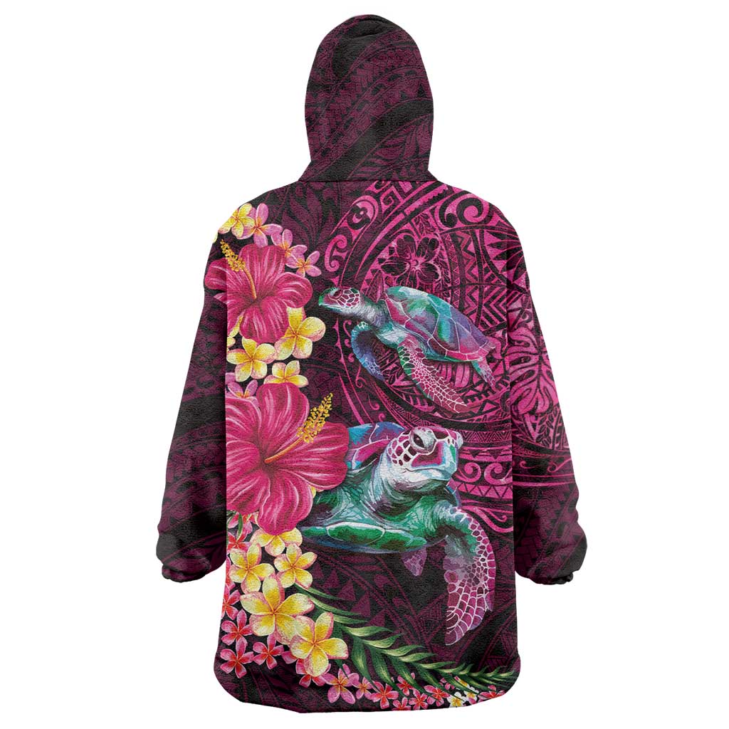 Hawaiian Plumeria and Hibiscus with Turtles Wearable Blanket Hoodie Polynesian Art Red Color - Polynesian Pride