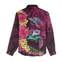 Hawaiian Plumeria and Hibiscus with Turtles Women Casual Shirt Polynesian Art Red Color - Polynesian Pride