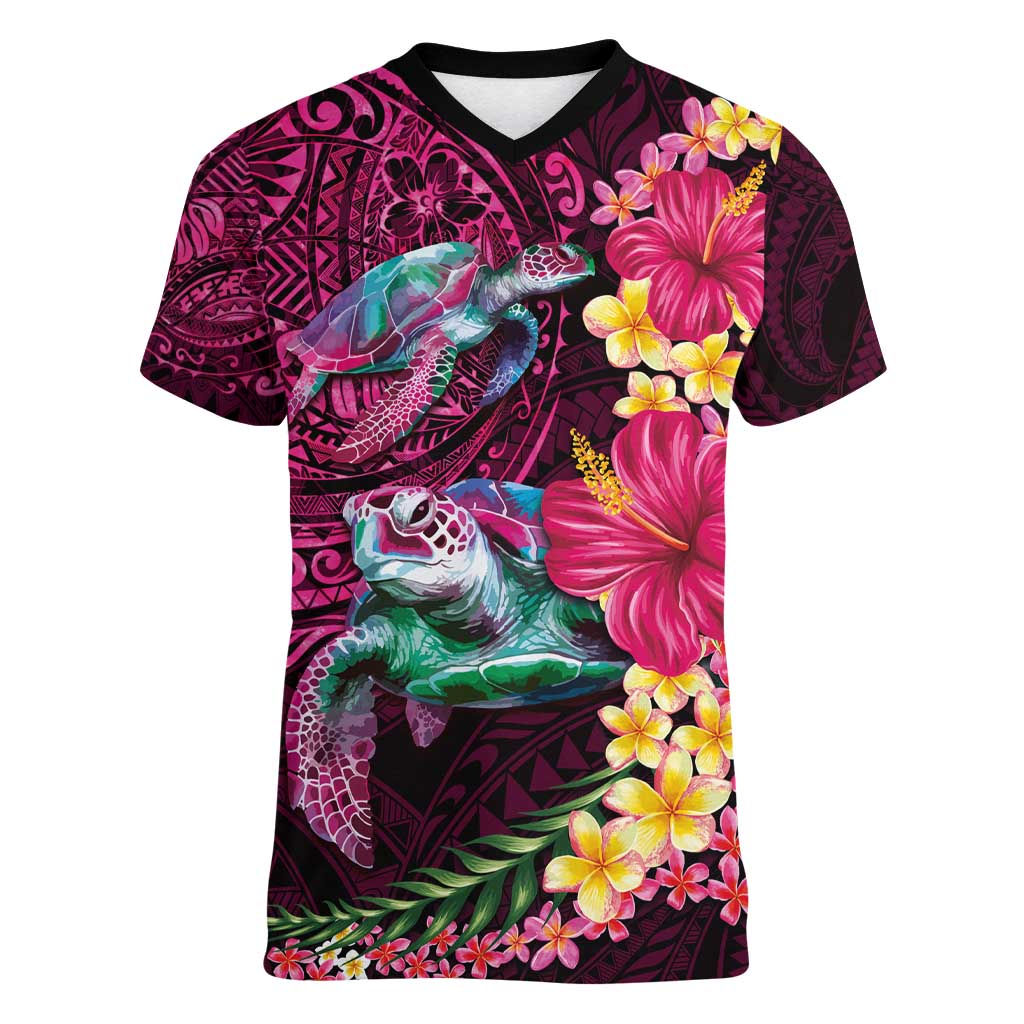 Hawaiian Plumeria and Hibiscus with Turtles Women V-Neck T-Shirt Polynesian Art Red Color - Polynesian Pride