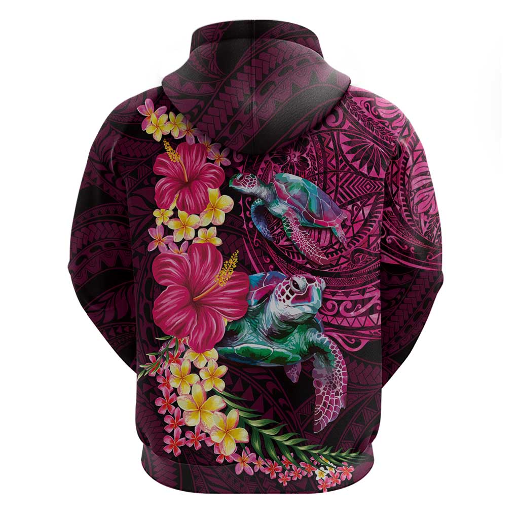 Hawaiian Plumeria and Hibiscus with Turtles Zip Hoodie Polynesian Art Red Color - Polynesian Pride