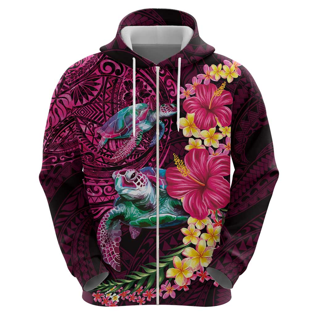 Hawaiian Plumeria and Hibiscus with Turtles Zip Hoodie Polynesian Art Red Color - Polynesian Pride