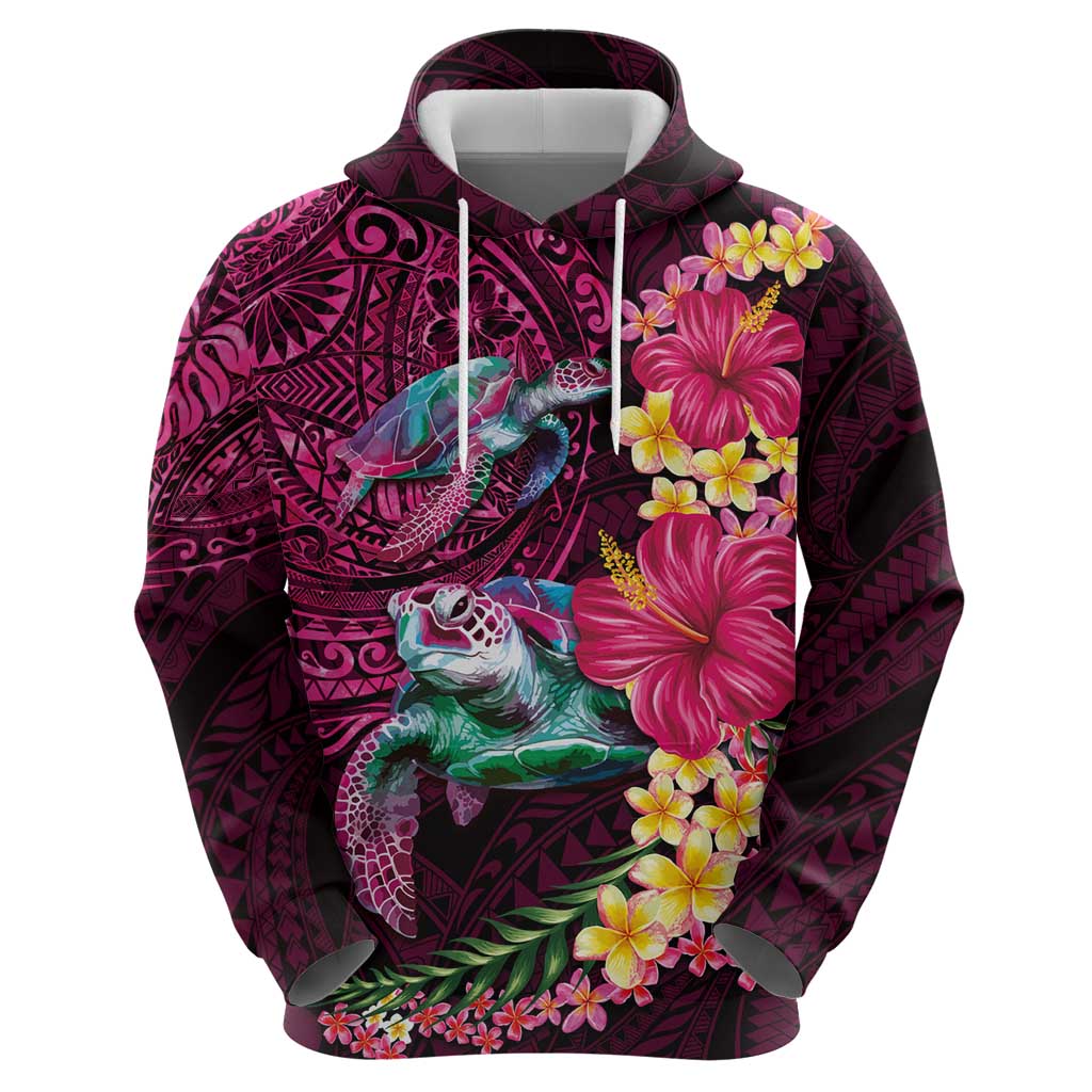 Hawaiian Plumeria and Hibiscus with Turtles Zip Hoodie Polynesian Art Red Color - Polynesian Pride