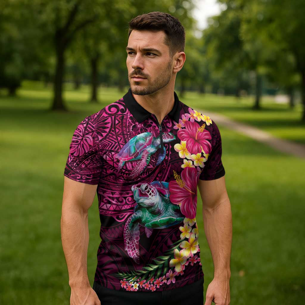 Hawaiian Plumeria and Hibiscus with Turtles Zipper Polo Shirt Polynesian Art Red Color - Polynesian Pride