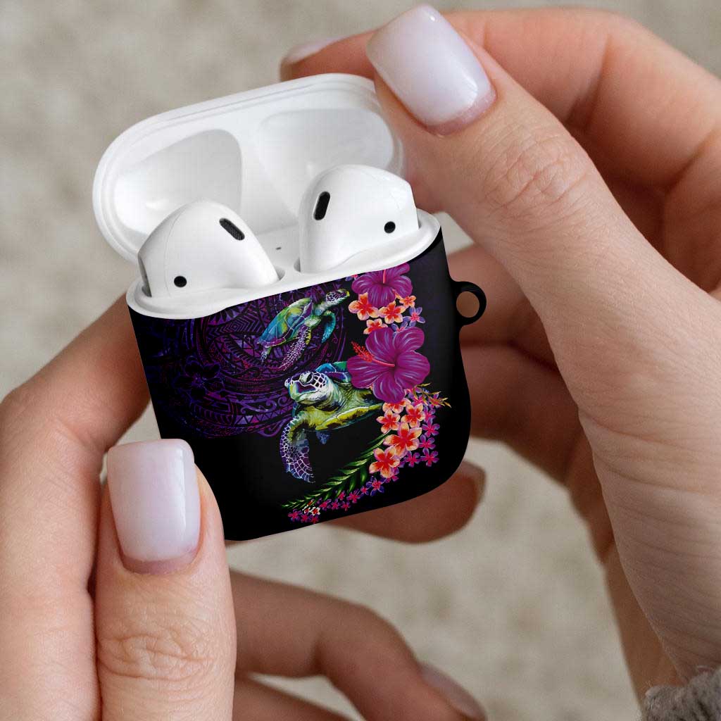 Hawaiian Plumeria and Hibiscus with Turtles AirPods Case Polynesian Art Purple Color - Polynesian Pride