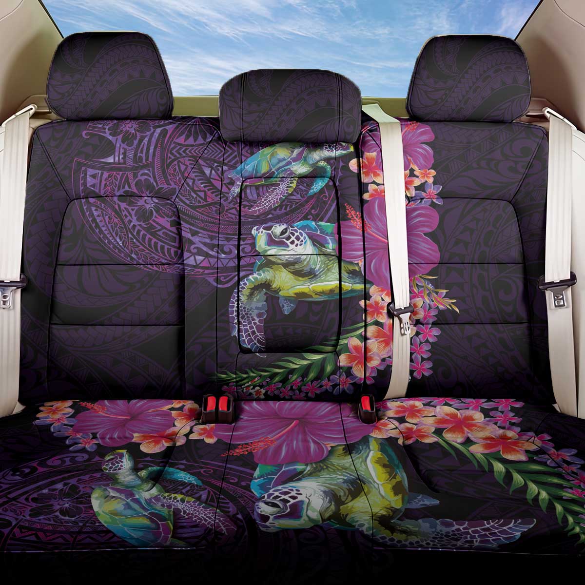 Hawaiian Plumeria and Hibiscus with Turtles Back Car Seat Cover Polynesian Art Purple Color - Polynesian Pride