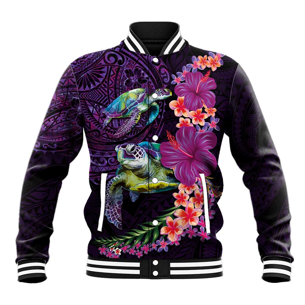 Hawaiian Plumeria and Hibiscus with Turtles Baseball Jacket Polynesian Art Purple Color - Polynesian Pride