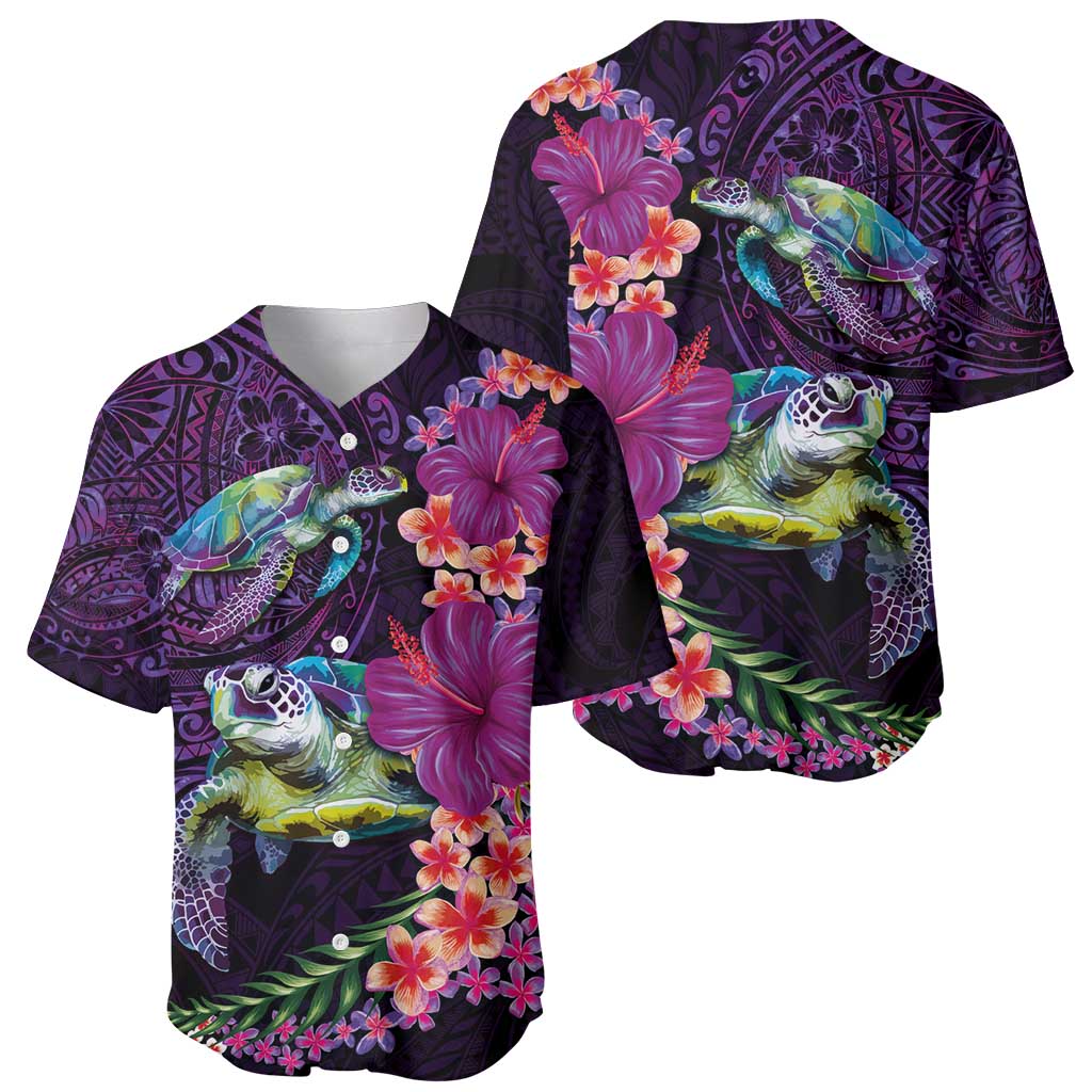 Hawaiian Plumeria and Hibiscus with Turtles Baseball Jersey Polynesian Art Purple Color - Polynesian Pride