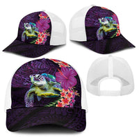 Hawaiian Plumeria and Hibiscus with Turtles Baseball Net Cap Polynesian Art Purple Color - Polynesian Pride