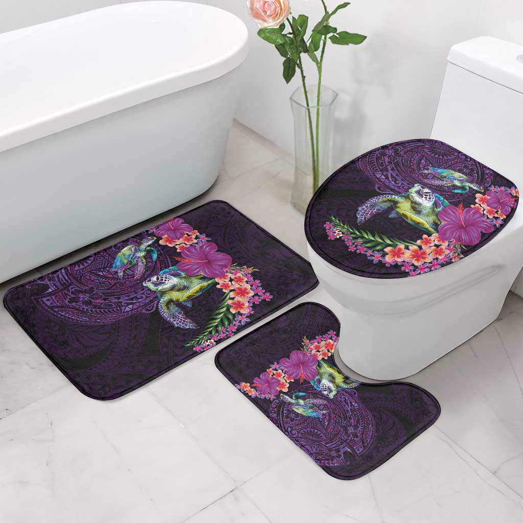Hawaiian Plumeria and Hibiscus with Turtles Bathroom Set Polynesian Art Purple Color - Polynesian Pride