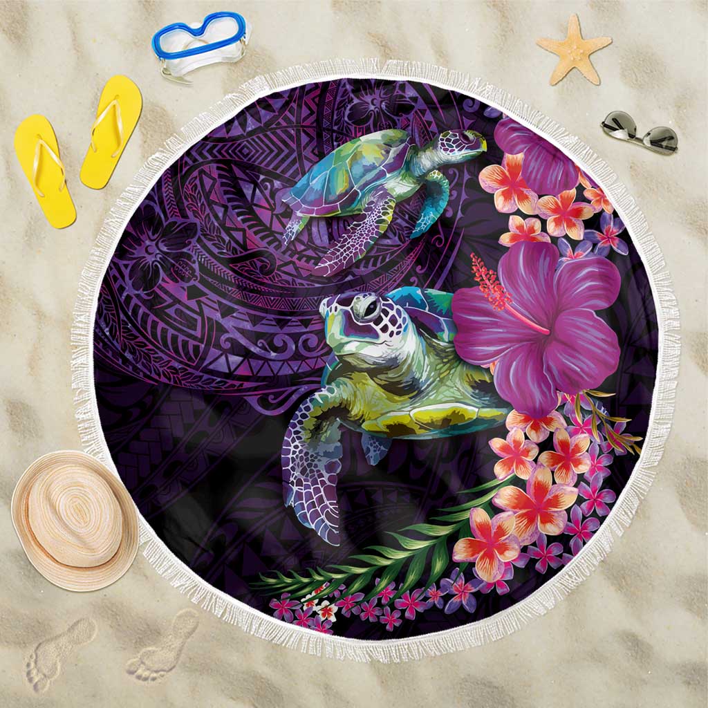 Hawaiian Plumeria and Hibiscus with Turtles Beach Blanket Polynesian Art Purple Color - Polynesian Pride
