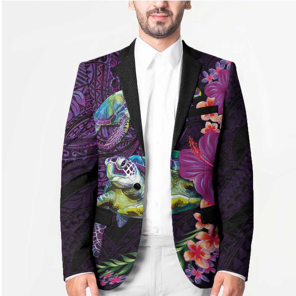 Hawaiian Plumeria and Hibiscus with Turtles Blazer Polynesian Art Purple Color - Polynesian Pride