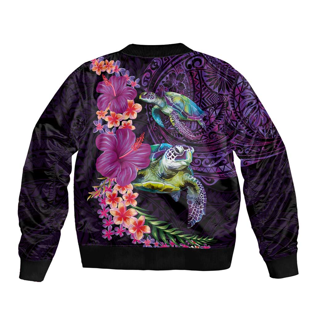 Hawaiian Plumeria and Hibiscus with Turtles Bomber Jacket Polynesian Art Purple Color - Polynesian Pride