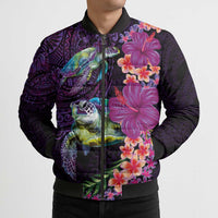 Hawaiian Plumeria and Hibiscus with Turtles Bomber Puffer Jacket Polynesian Art Purple Color - Polynesian Pride