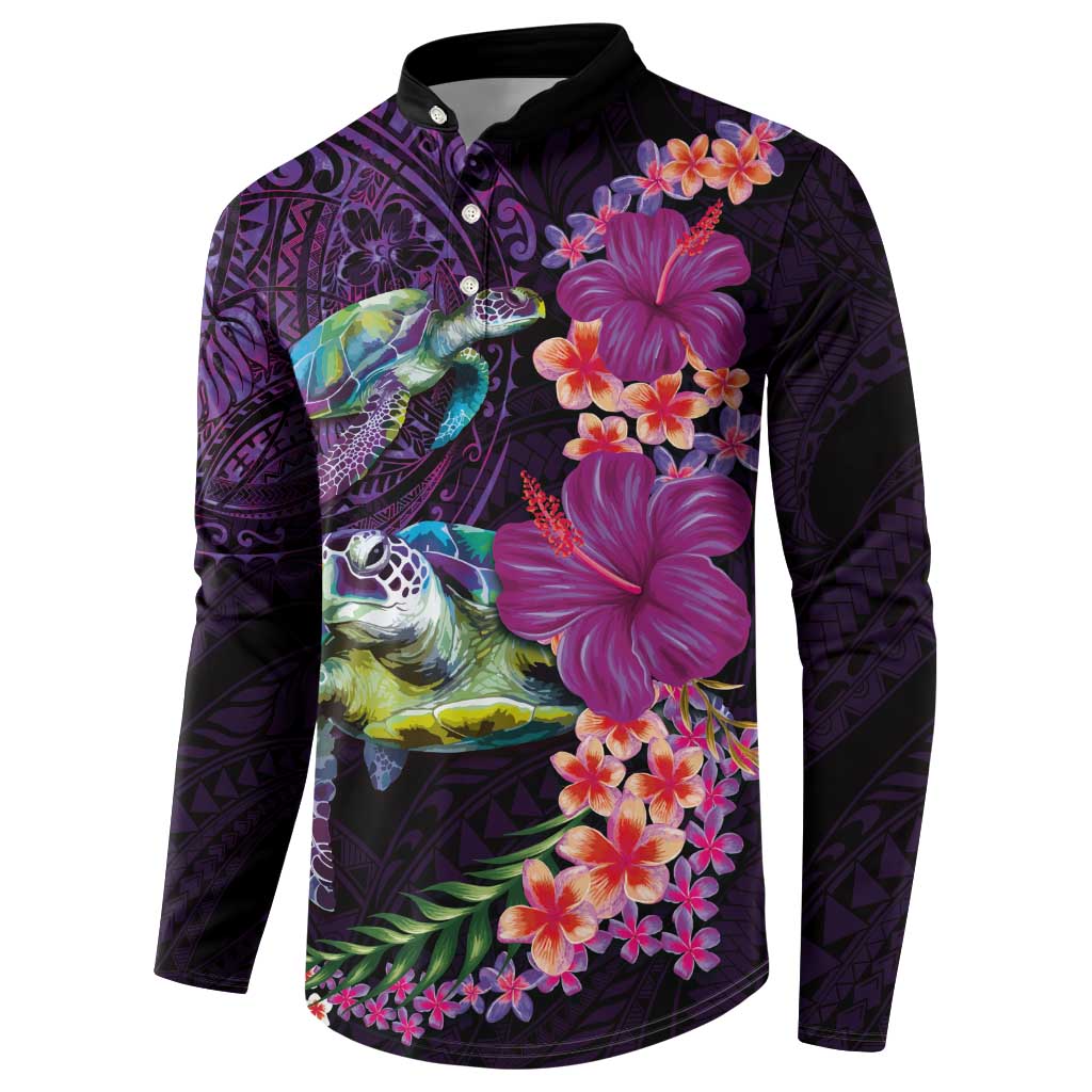 Hawaiian Plumeria and Hibiscus with Turtles Button Sweatshirt Polynesian Art Purple Color - Polynesian Pride