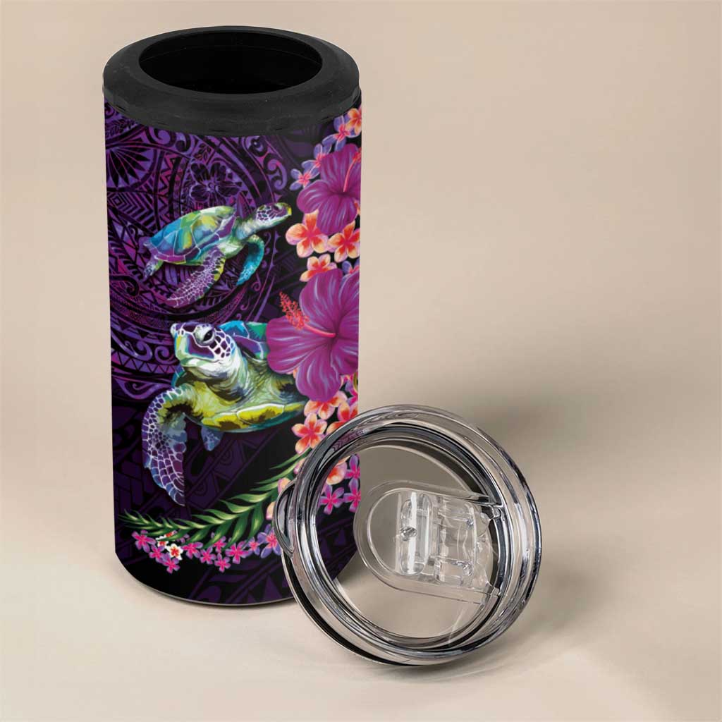 Hawaiian Plumeria and Hibiscus with Turtles 4 in 1 Can Cooler Tumbler Polynesian Art Purple Color - Polynesian Pride