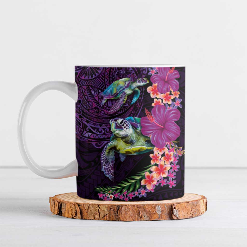 Hawaiian Plumeria and Hibiscus with Turtles Ceramic Mug Polynesian Art Purple Color - Polynesian Pride