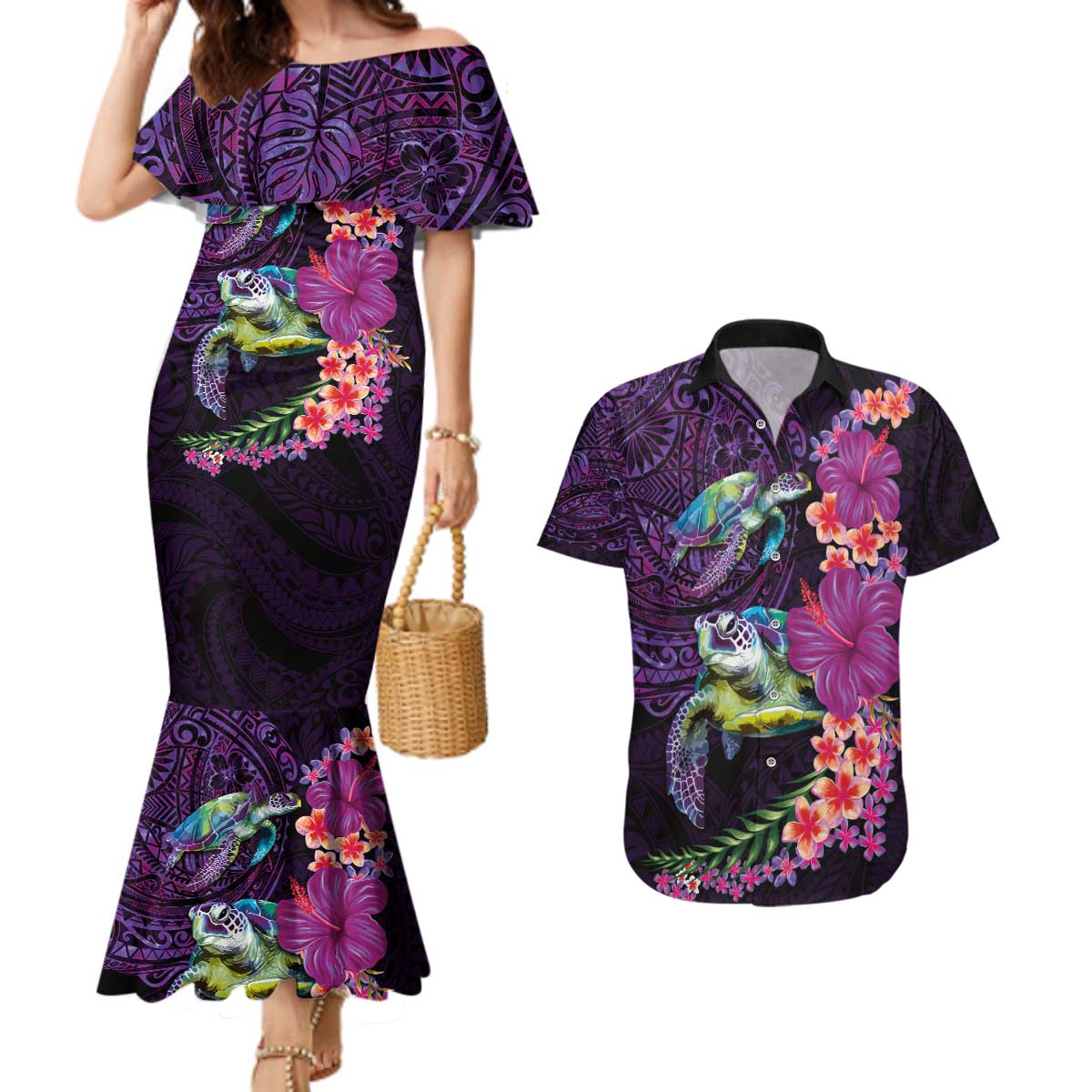 Hawaiian Plumeria and Hibiscus with Turtles Couples Matching Mermaid Dress and Hawaiian Shirt Polynesian Art Purple Color - Polynesian Pride