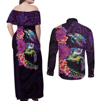 Hawaiian Plumeria and Hibiscus with Turtles Couples Matching Off Shoulder Maxi Dress and Long Sleeve Button Shirt Polynesian Art Purple Color - Polynesian Pride
