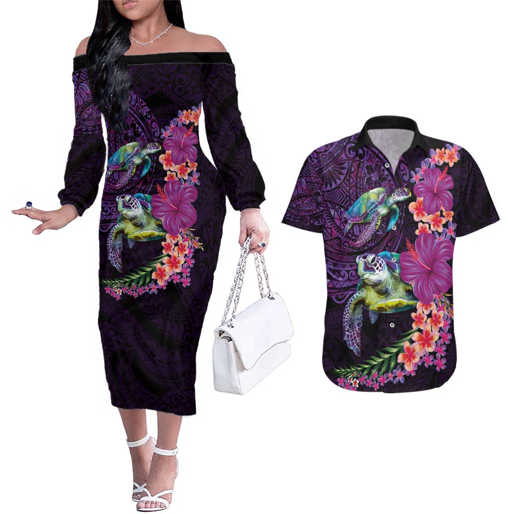 Hawaiian Plumeria and Hibiscus with Turtles Couples Matching Off The Shoulder Long Sleeve Dress and Hawaiian Shirt Polynesian Art Purple Color - Polynesian Pride