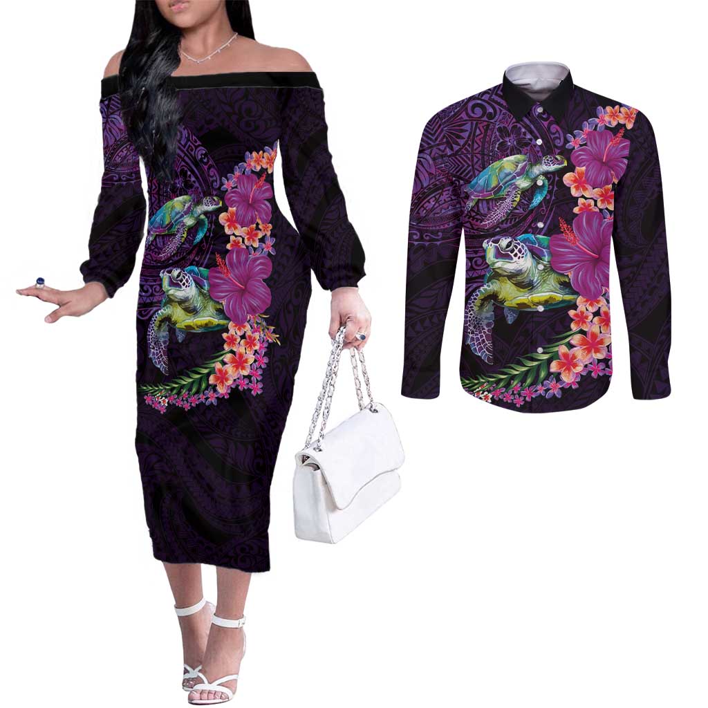 Hawaiian Plumeria and Hibiscus with Turtles Couples Matching Off The Shoulder Long Sleeve Dress and Long Sleeve Button Shirt Polynesian Art Purple Color - Polynesian Pride