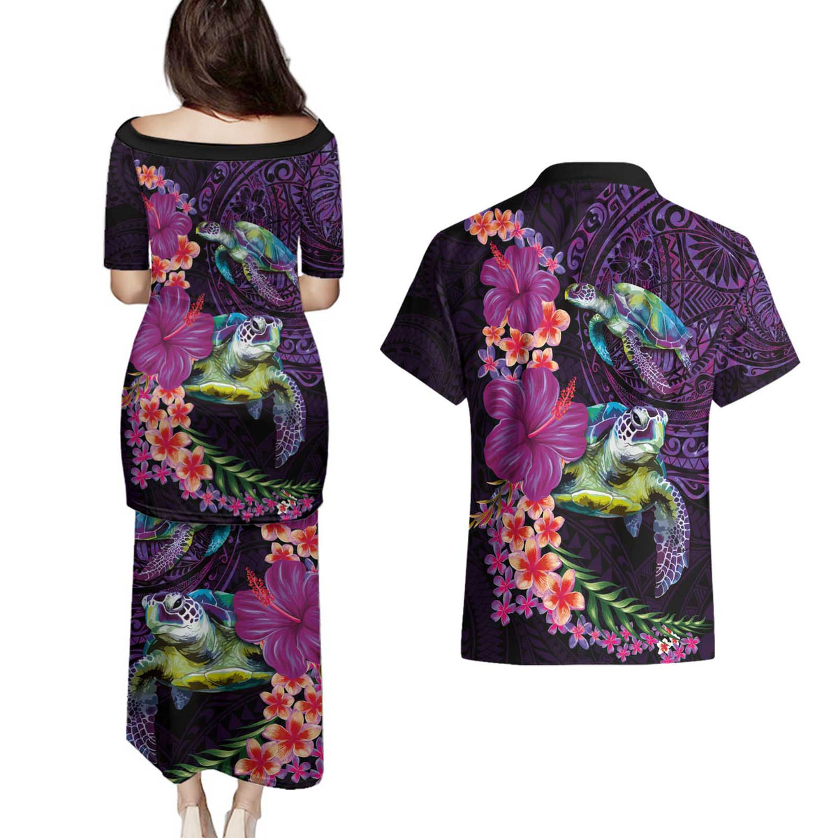 Hawaiian Plumeria and Hibiscus with Turtles Couples Matching Puletasi and Hawaiian Shirt Polynesian Art Purple Color - Polynesian Pride