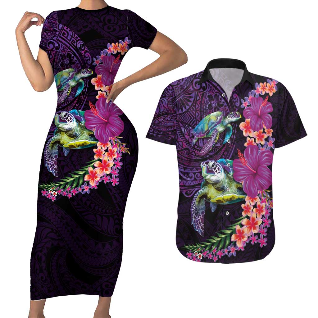 Hawaiian Plumeria and Hibiscus with Turtles Couples Matching Short Sleeve Bodycon Dress and Hawaiian Shirt Polynesian Art Purple Color - Polynesian Pride