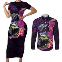 Hawaiian Plumeria and Hibiscus with Turtles Couples Matching Short Sleeve Bodycon Dress and Long Sleeve Button Shirt Polynesian Art Purple Color - Polynesian Pride