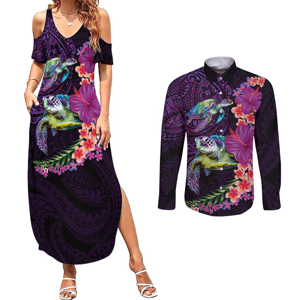 Hawaiian Plumeria and Hibiscus with Turtles Couples Matching Summer Maxi Dress and Long Sleeve Button Shirt Polynesian Art Purple Color - Polynesian Pride
