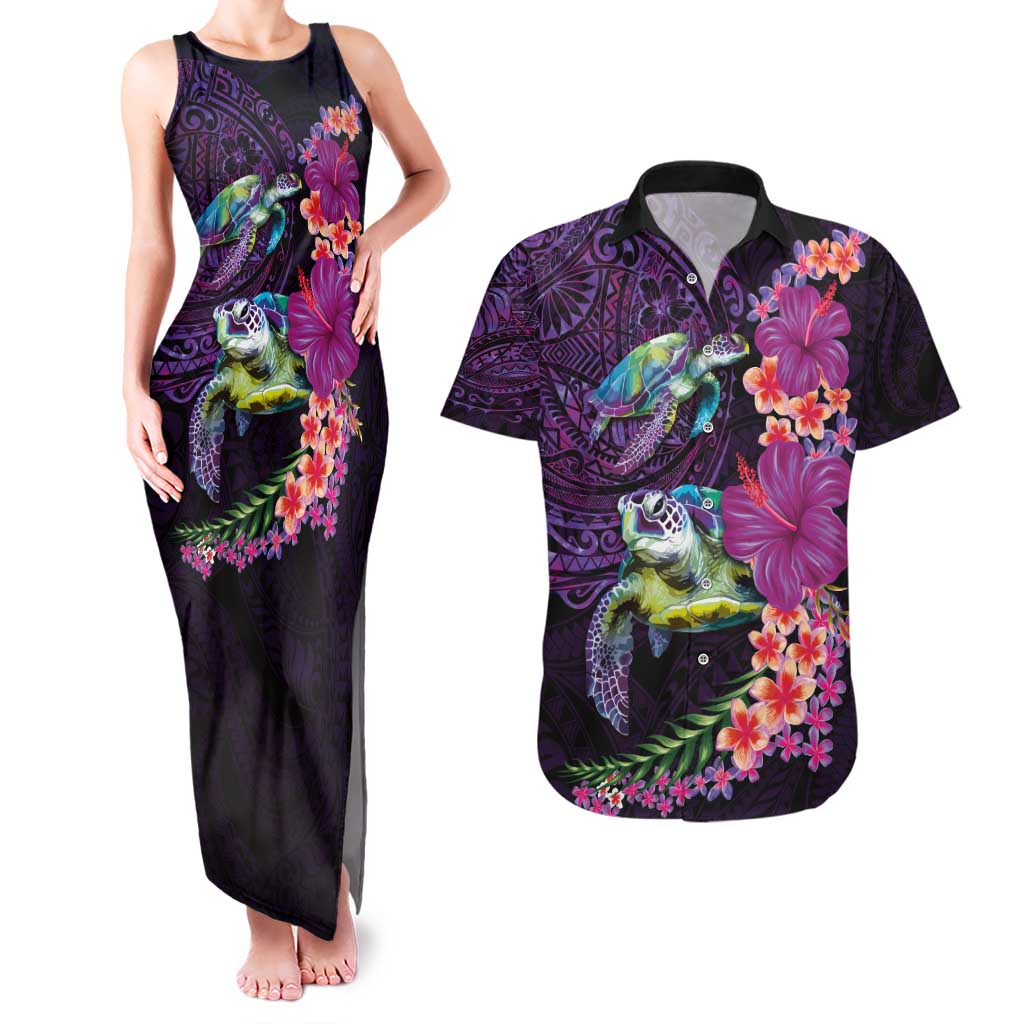 Hawaiian Plumeria and Hibiscus with Turtles Couples Matching Tank Maxi Dress and Hawaiian Shirt Polynesian Art Purple Color - Polynesian Pride