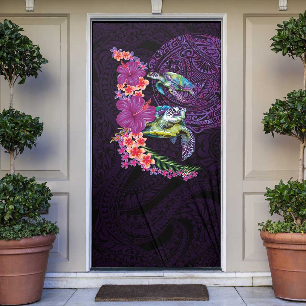 Hawaiian Plumeria and Hibiscus with Turtles Door Cover Polynesian Art Purple Color - Polynesian Pride