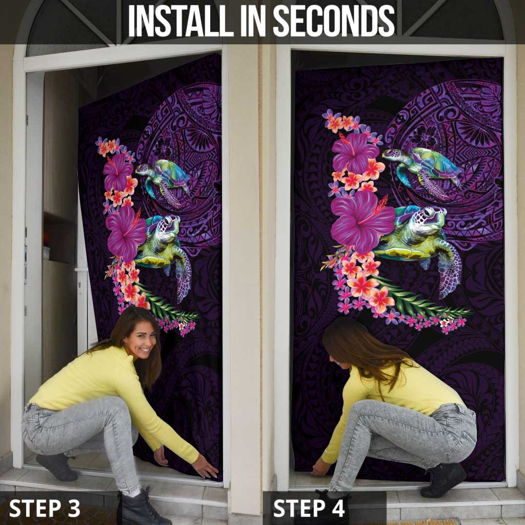 Hawaiian Plumeria and Hibiscus with Turtles Door Cover Polynesian Art Purple Color - Polynesian Pride