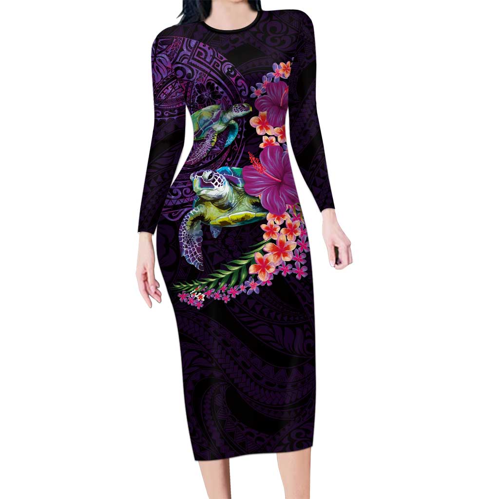 Hawaiian Plumeria and Hibiscus with Turtles Family Matching Long Sleeve Bodycon Dress and Hawaiian Shirt Polynesian Art Purple Color - Polynesian Pride