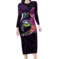 Hawaiian Plumeria and Hibiscus with Turtles Family Matching Long Sleeve Bodycon Dress and Hawaiian Shirt Polynesian Art Purple Color - Polynesian Pride