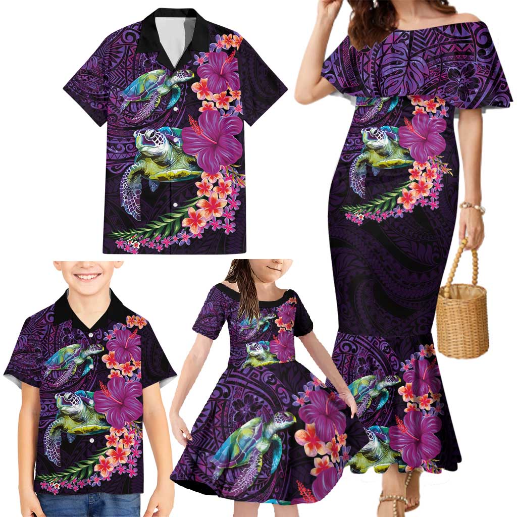Hawaiian Plumeria and Hibiscus with Turtles Family Matching Mermaid Dress and Hawaiian Shirt Polynesian Art Purple Color - Polynesian Pride