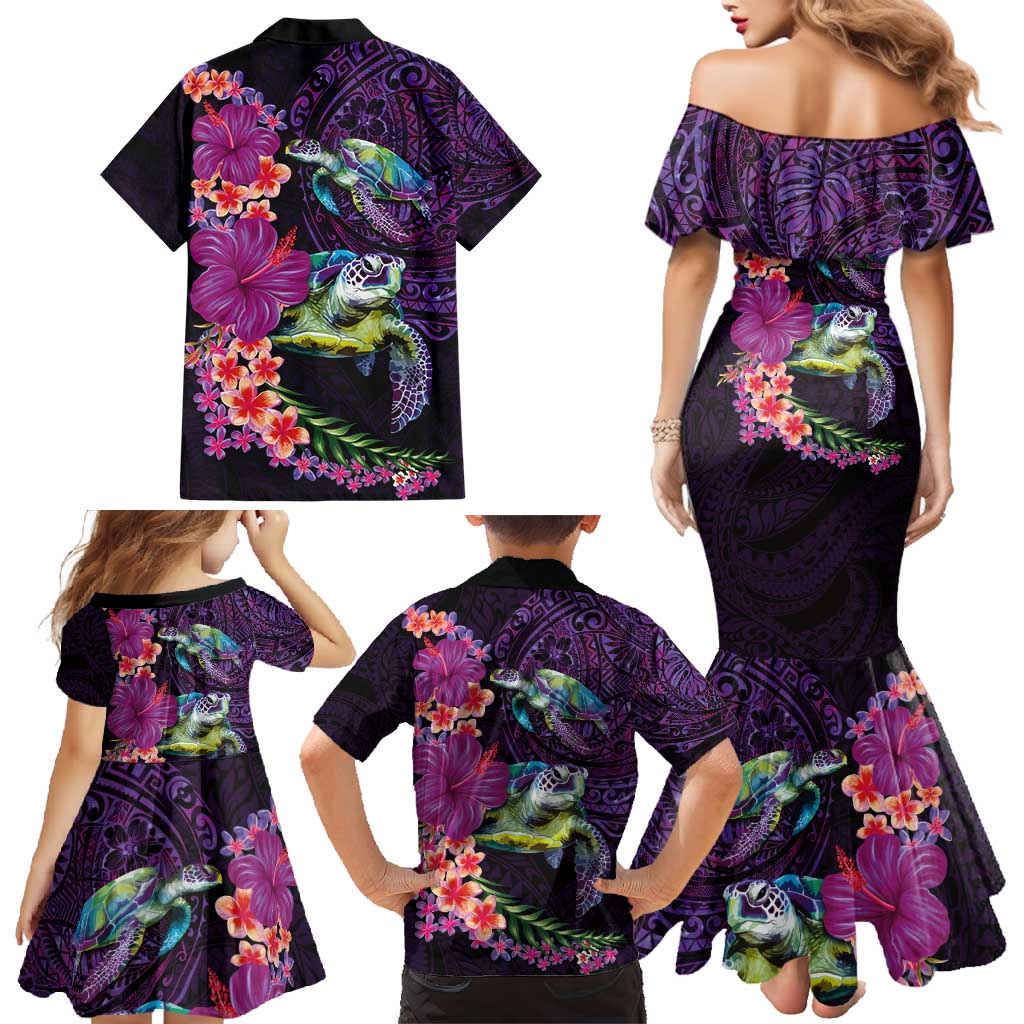 Hawaiian Plumeria and Hibiscus with Turtles Family Matching Mermaid Dress and Hawaiian Shirt Polynesian Art Purple Color - Polynesian Pride