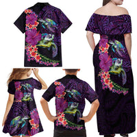 Hawaiian Plumeria and Hibiscus with Turtles Family Matching Off Shoulder Maxi Dress and Hawaiian Shirt Polynesian Art Purple Color - Polynesian Pride