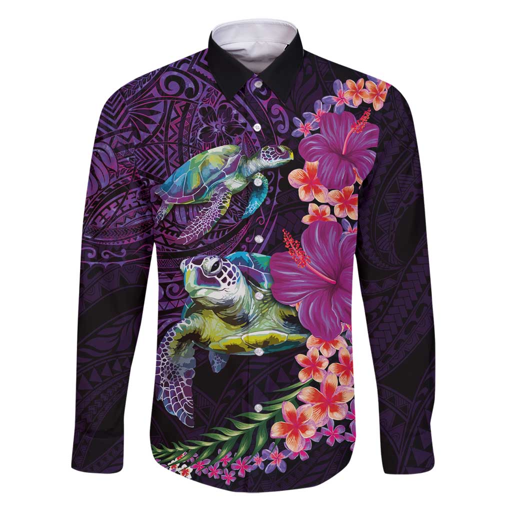 Hawaiian Plumeria and Hibiscus with Turtles Family Matching Puletasi and Hawaiian Shirt Polynesian Art Purple Color - Polynesian Pride