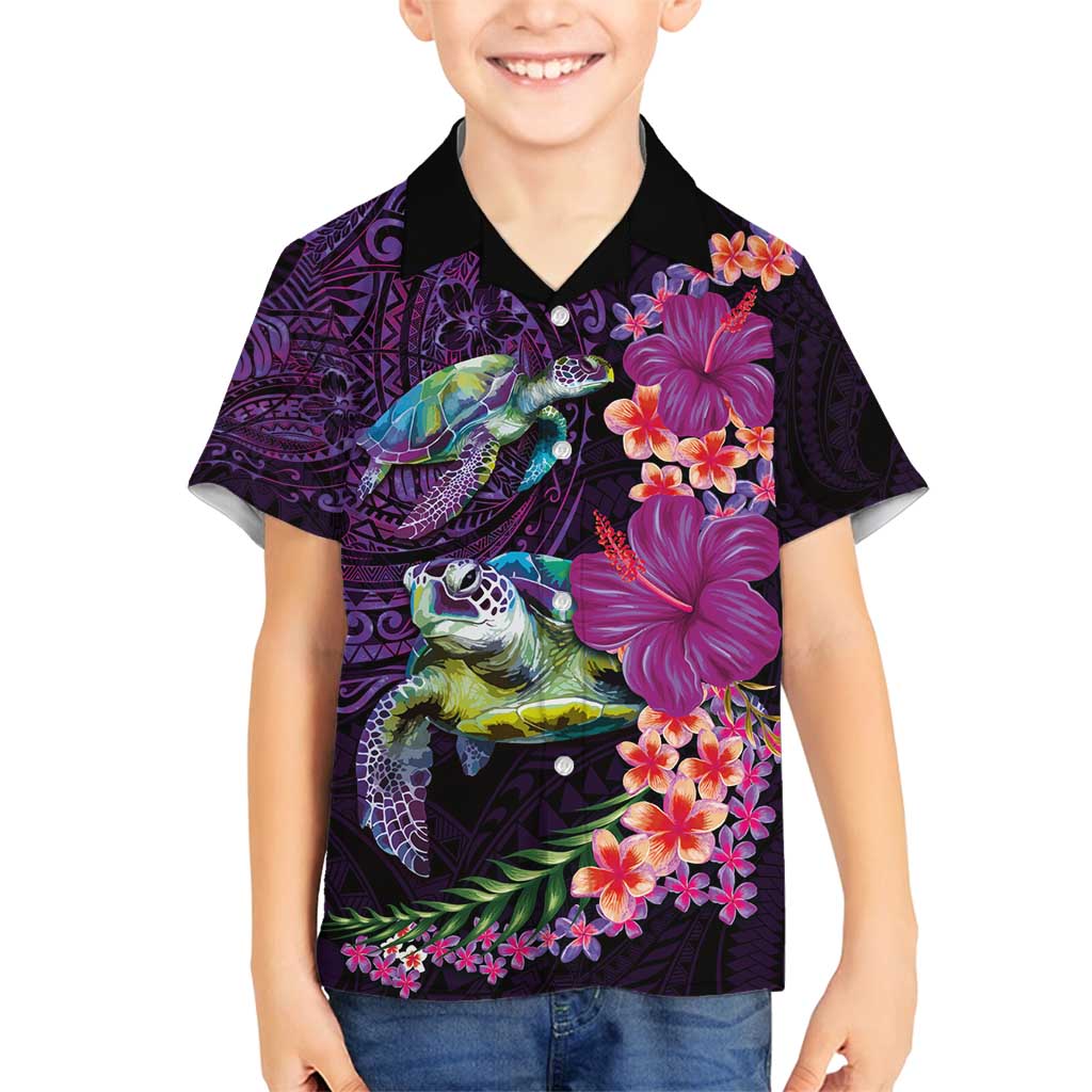 Hawaiian Plumeria and Hibiscus with Turtles Family Matching Puletasi and Hawaiian Shirt Polynesian Art Purple Color - Polynesian Pride