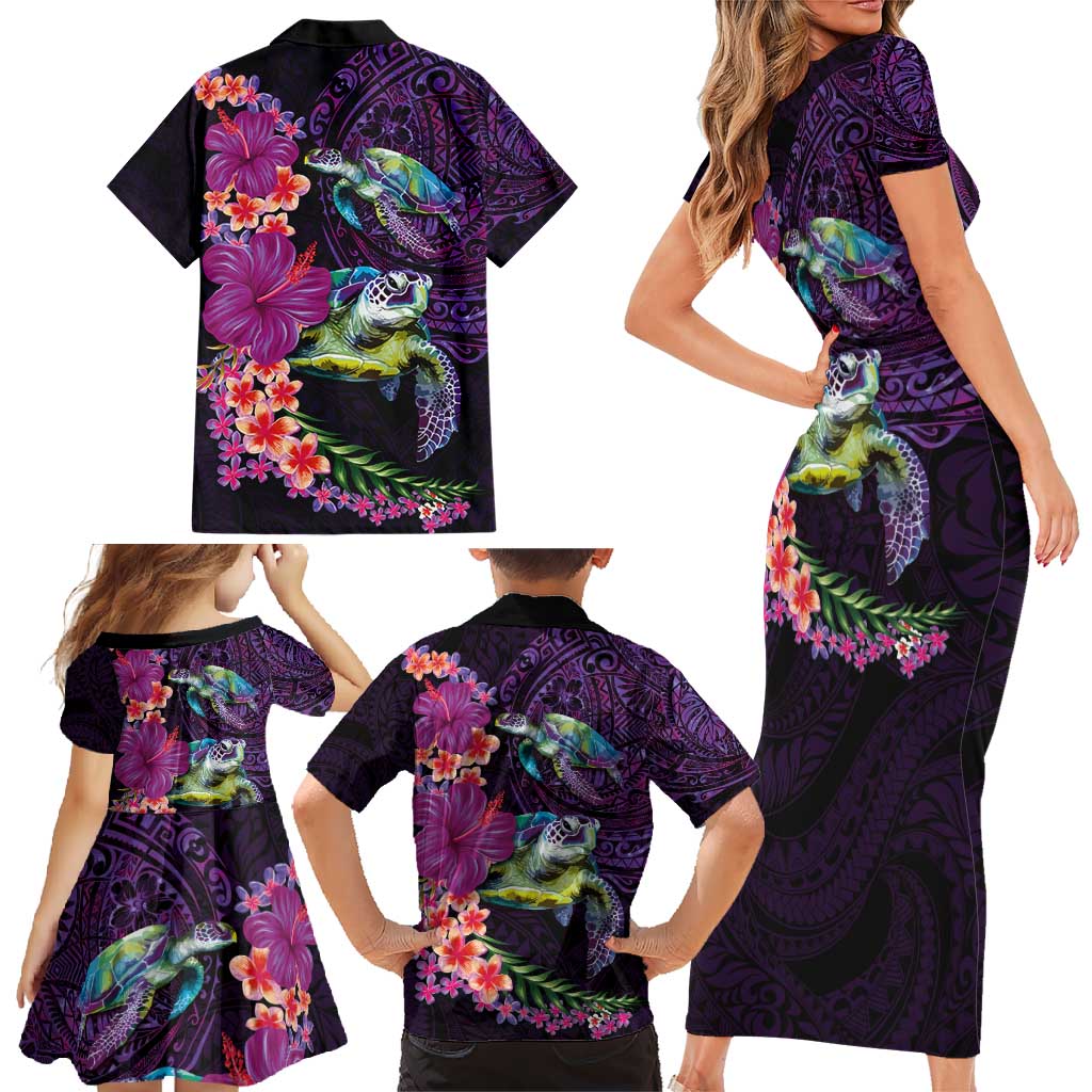 Hawaiian Plumeria and Hibiscus with Turtles Family Matching Short Sleeve Bodycon Dress and Hawaiian Shirt Polynesian Art Purple Color - Polynesian Pride