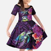 Hawaiian Plumeria and Hibiscus with Turtles Family Matching Summer Maxi Dress and Hawaiian Shirt Polynesian Art Purple Color - Polynesian Pride