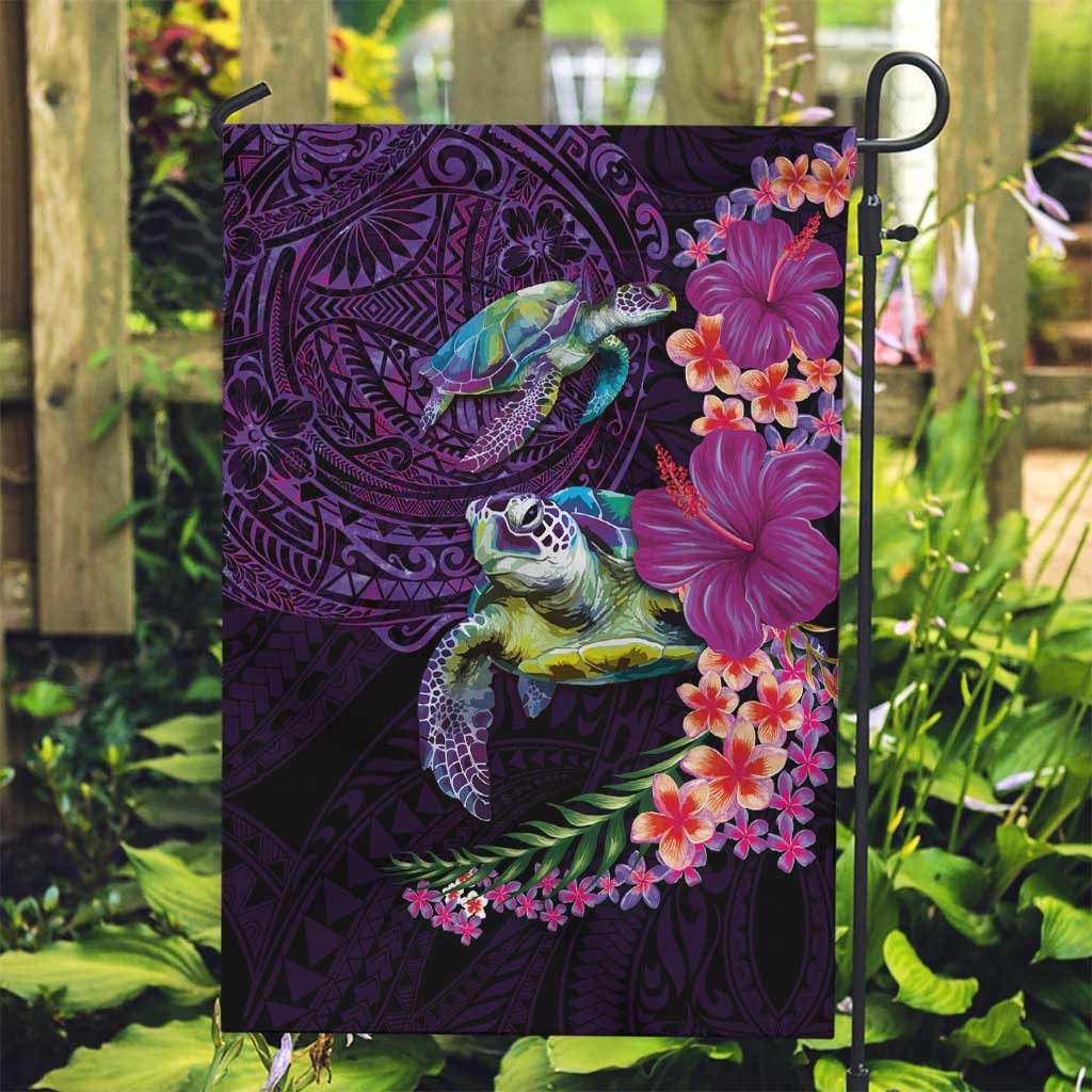 Hawaiian Plumeria and Hibiscus with Turtles Garden Flag Polynesian Art Purple Color - Polynesian Pride