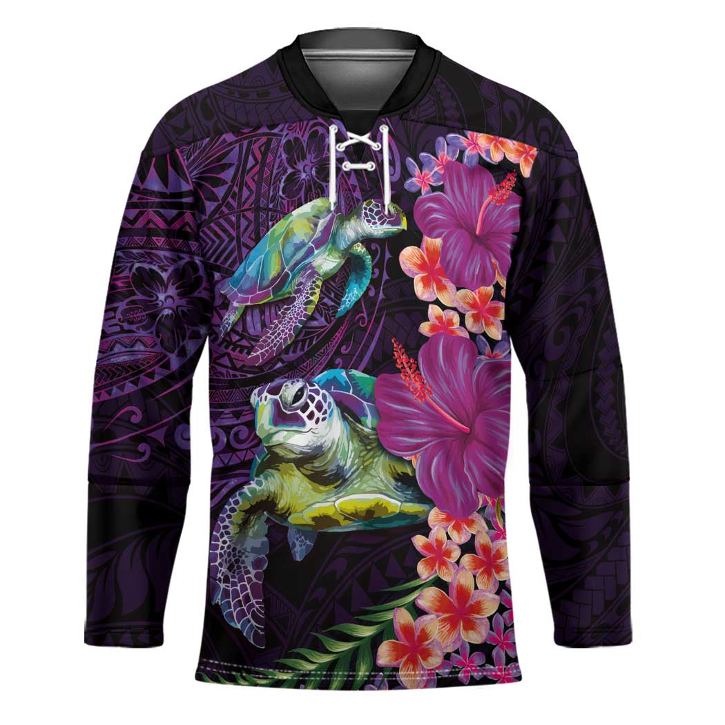 Hawaiian Plumeria and Hibiscus with Turtles Hockey Jersey Polynesian Art Purple Color - Polynesian Pride