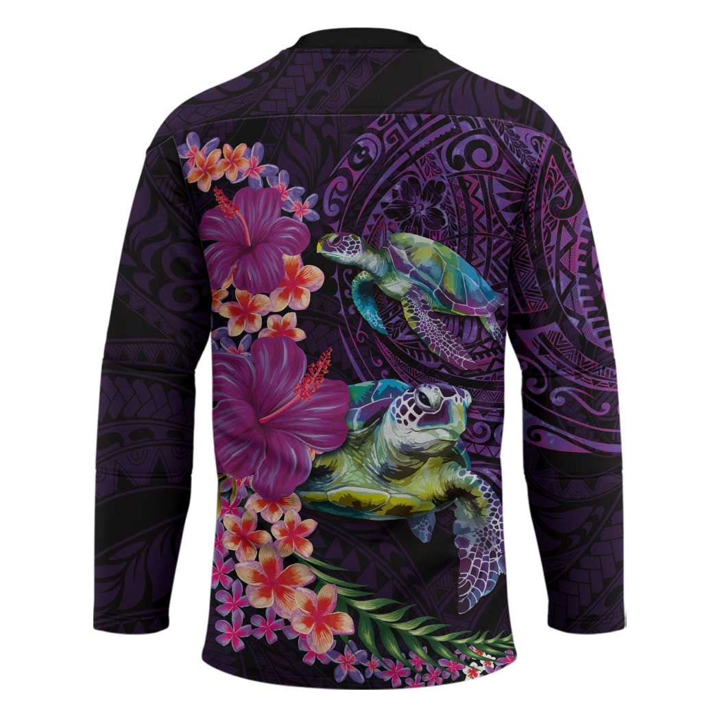 Hawaiian Plumeria and Hibiscus with Turtles Hockey Jersey Polynesian Art Purple Color - Polynesian Pride