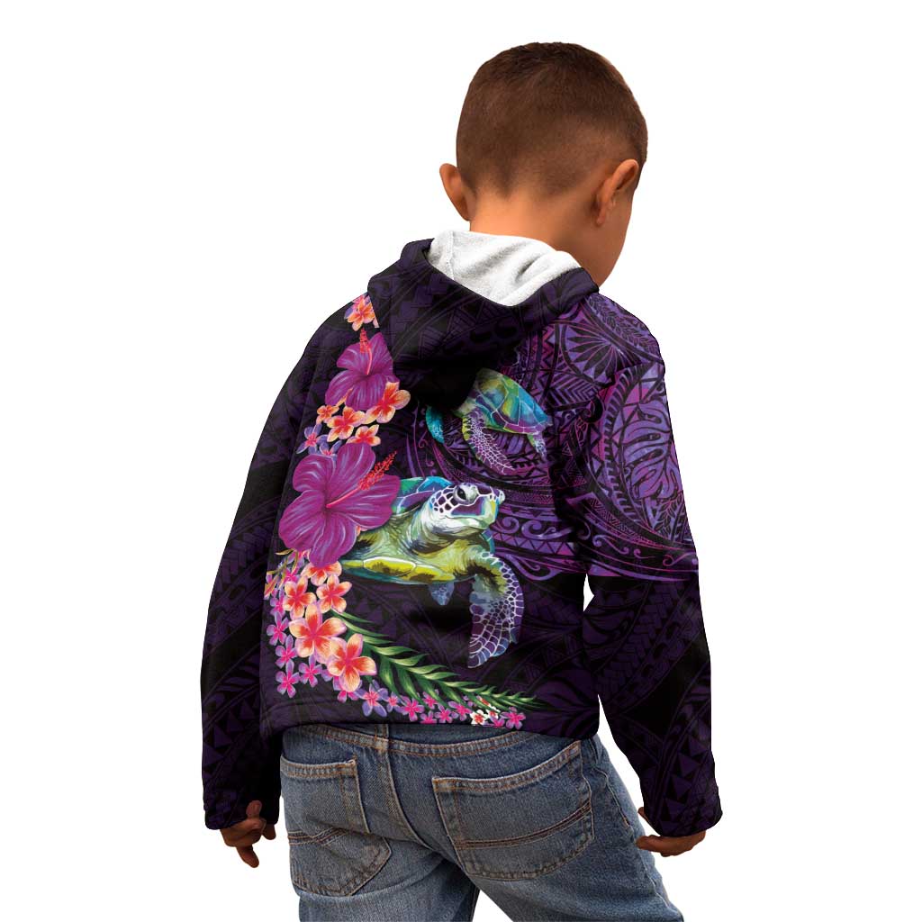 Hawaiian Plumeria and Hibiscus with Turtles Kid Hoodie Polynesian Art Purple Color - Polynesian Pride