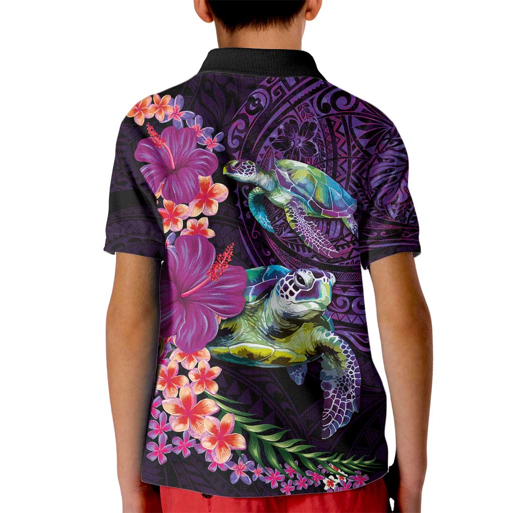 Hawaiian Plumeria and Hibiscus with Turtles Kid Polo Shirt Polynesian Art Purple Color - Polynesian Pride