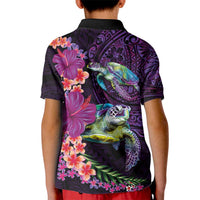 Hawaiian Plumeria and Hibiscus with Turtles Kid Polo Shirt Polynesian Art Purple Color - Polynesian Pride