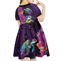 Hawaiian Plumeria and Hibiscus with Turtles Kid Short Sleeve Dress Polynesian Art Purple Color - Polynesian Pride