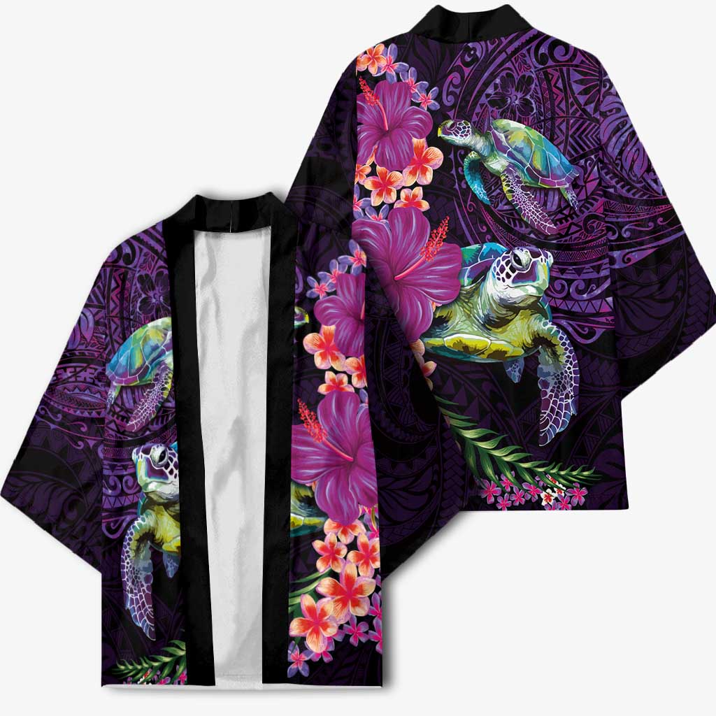 Hawaiian Plumeria and Hibiscus with Turtles Kimono Polynesian Art Purple Color - Polynesian Pride